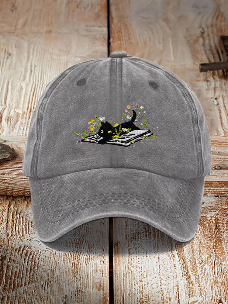 Retro Cat Embroidery Print Washed Hat