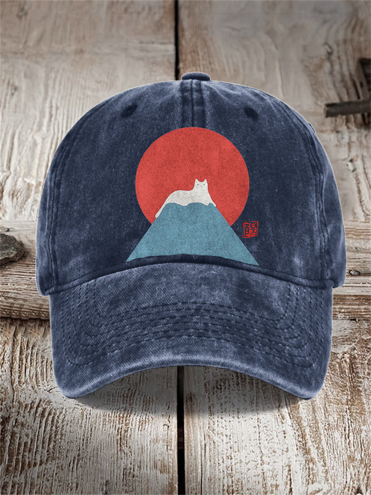 White Cat Snow on Mount Fuji Japanese Art Washed Cap