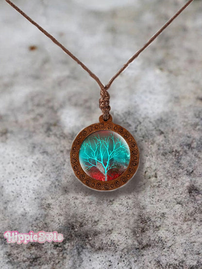 Wood Tree of Life Time Gemstone Glass Pendant Necklace