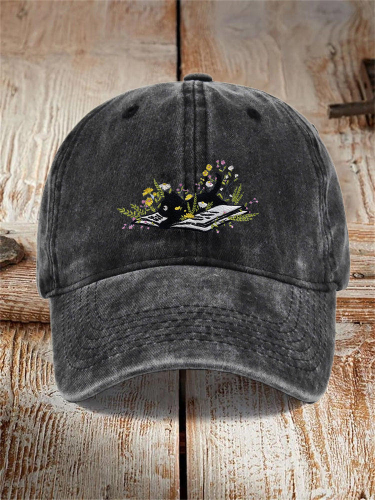 Retro Cat Embroidery Print Washed Hat