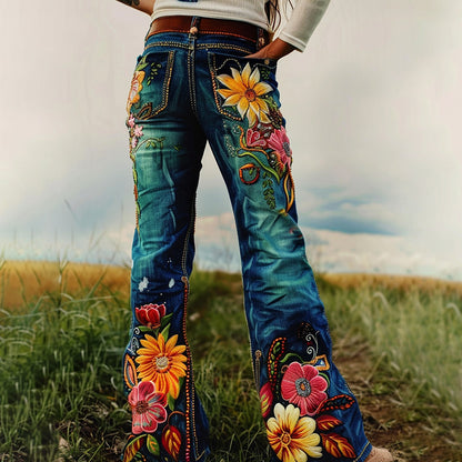 Vintage Artistic Floral Print Western Jeans