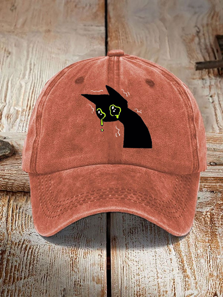 Japanese Art Black Cat Print Washed Hat