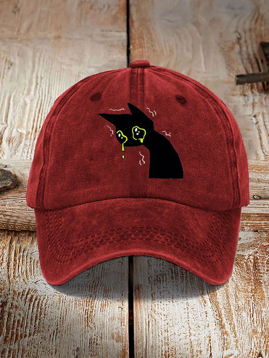 Japanese Art Black Cat Print Washed Hat