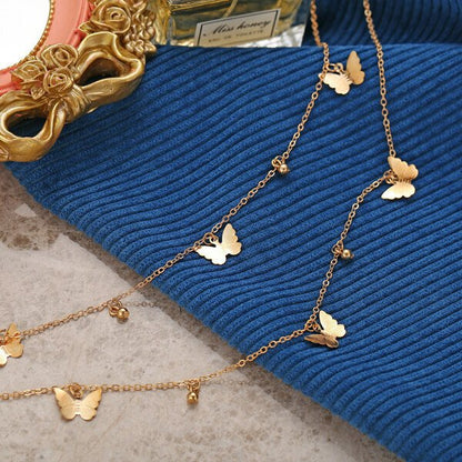 18K Gold Butterfly Choker Double Layer Necklace