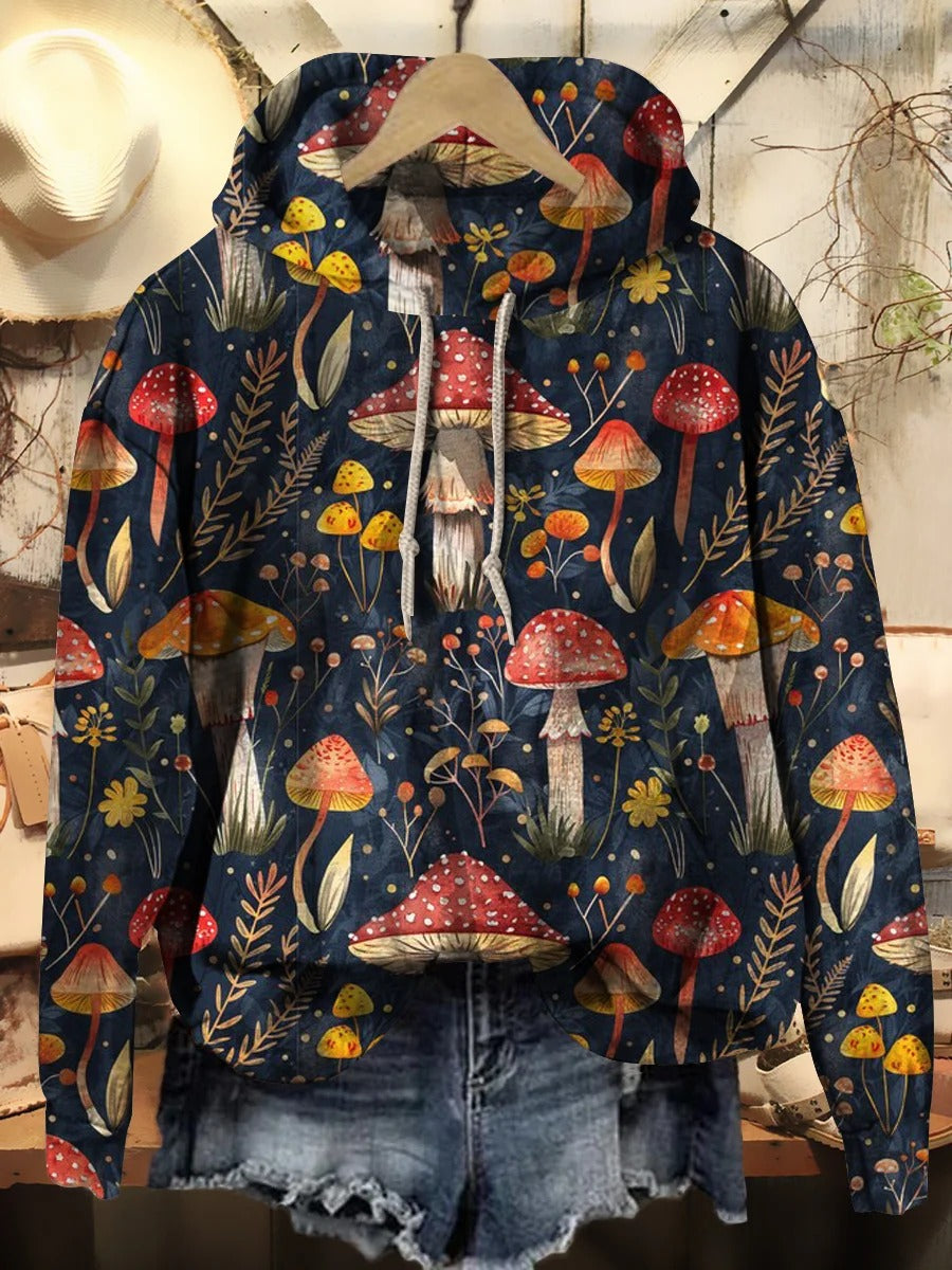 Women's Vintage Mushroom Art Print Casual Linen V-neck Shirt