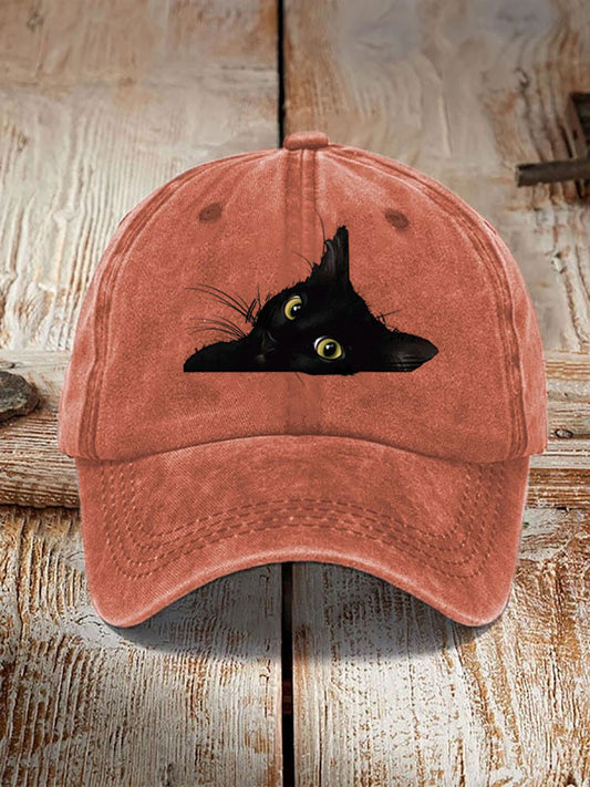 Japanese Art Black Cat Print Washed Hat