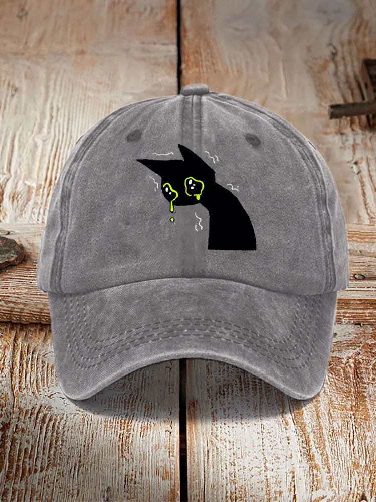 Japanese Art Black Cat Print Washed Hat
