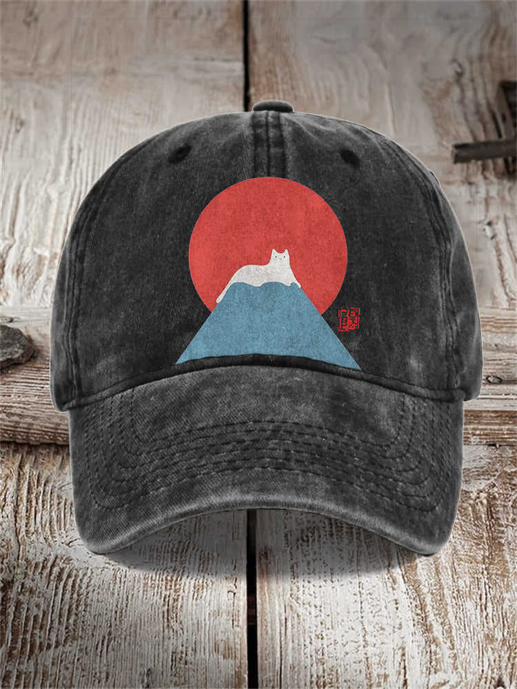 White Cat Snow on Mount Fuji Japanese Art Washed Cap