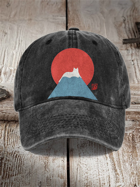 White Cat Snow on Mount Fuji Japanese Art Washed Cap