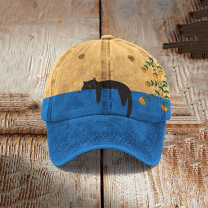 Abstract Creative Lazy Black Cat Painting Art Retro Casual Cap