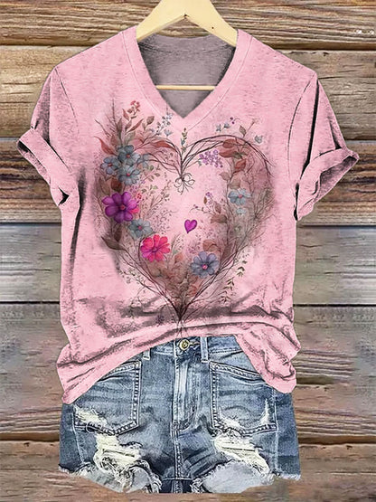 Women's Floral Heart Art V-Neck Casual T-Shirt