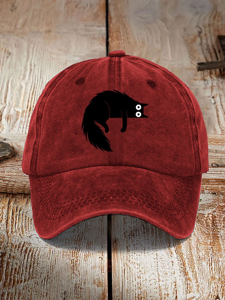 Japanese Art Black Cat Print Washed Hat