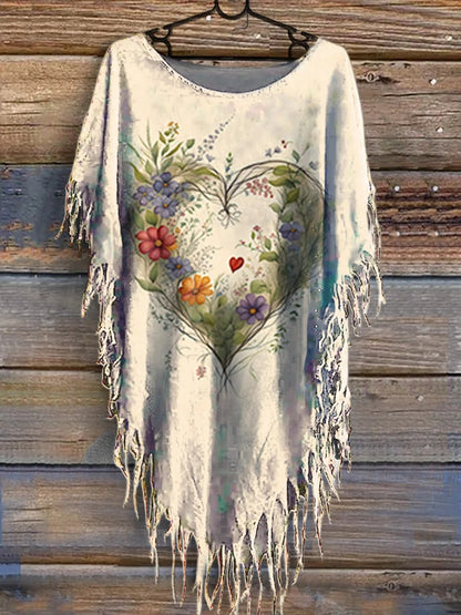 Women's Floral Heart Art V-Neck Casual T-Shirt