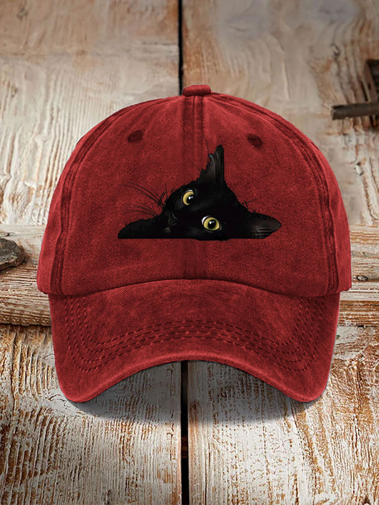 Japanese Art Black Cat Print Washed Hat