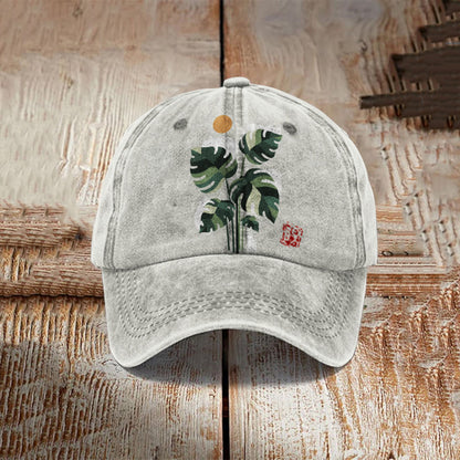Abstract Creative Cute Cat And Plant Sun Painting Art Retro Casual Cap