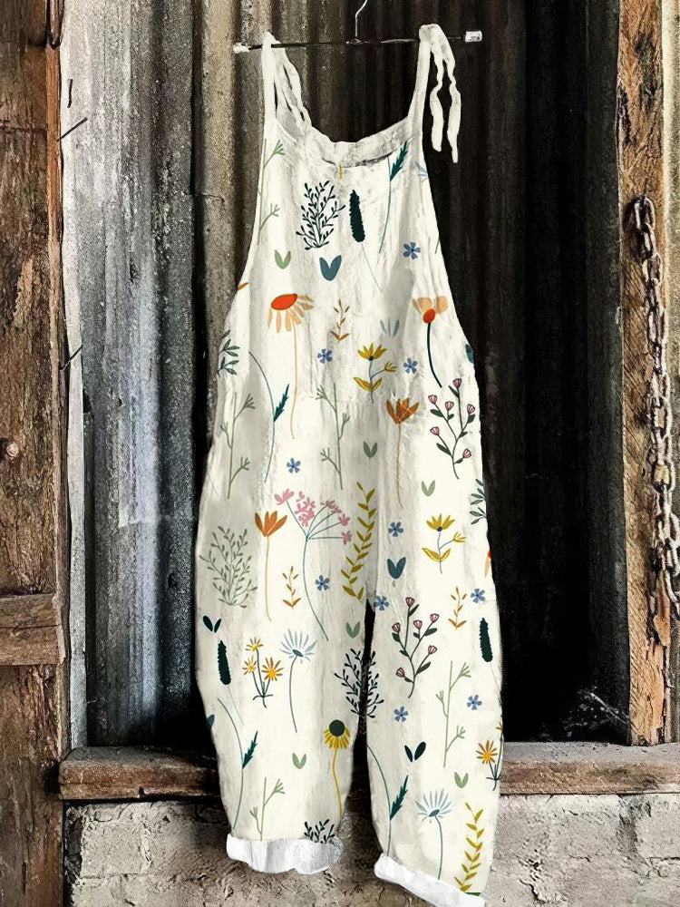 Vintage Floral Linen Blend Loose Casual Jumpsuit