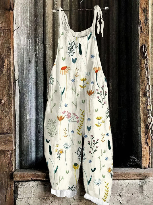 Vintage Floral Linen Blend Loose Casual Jumpsuit
