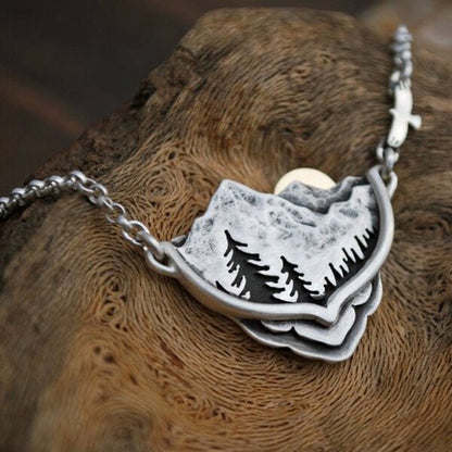 Mountain Pine Tree Sun Landscape Necklace