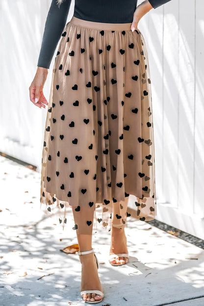 Heart Print Mesh Midi Skirt
